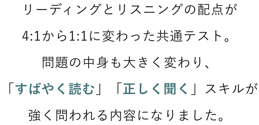リーディングとリスニングの配点が4:1から1:1に変わった共通テスト。問題の中身も大きく変わり、
             「すばやく読む」「正しく聞く」スキルが強く問われる内容になりました。